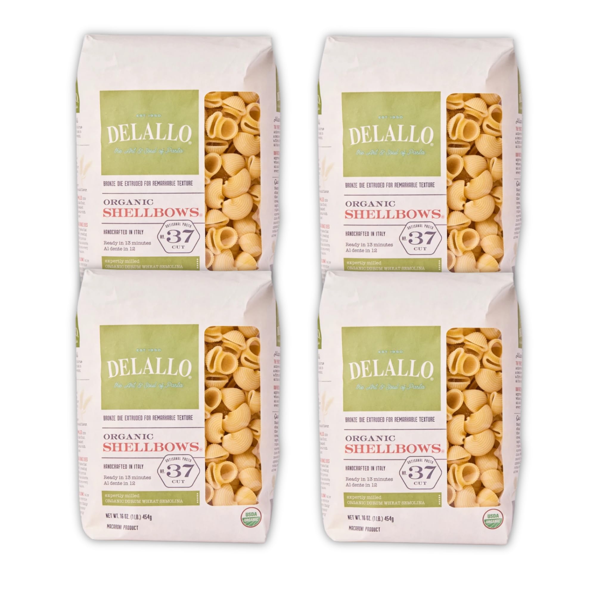 DeLallo Organic Shellbow Pasta, Unique Shell Shape, Vegan, Kosher, Non-GMO, Made in Italy with 100% Durum Wheat Semolina, Bronze Cut, 16 oz Bag, (4