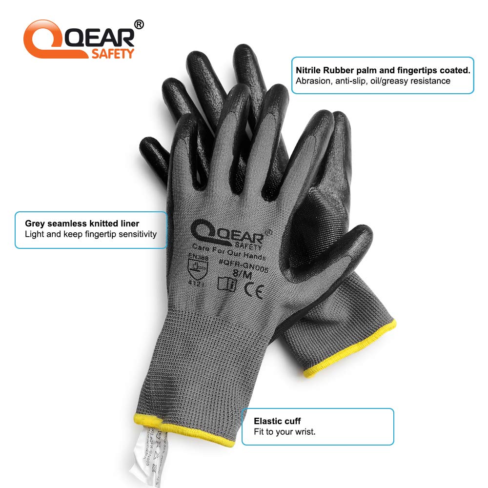 QEAR 12 Pairs Pack Nitrile Rubber Coated Gloves, Multi-function,Light-weight,Good Abrasion, Oil/Greasy Resistance Palm (X-Large)