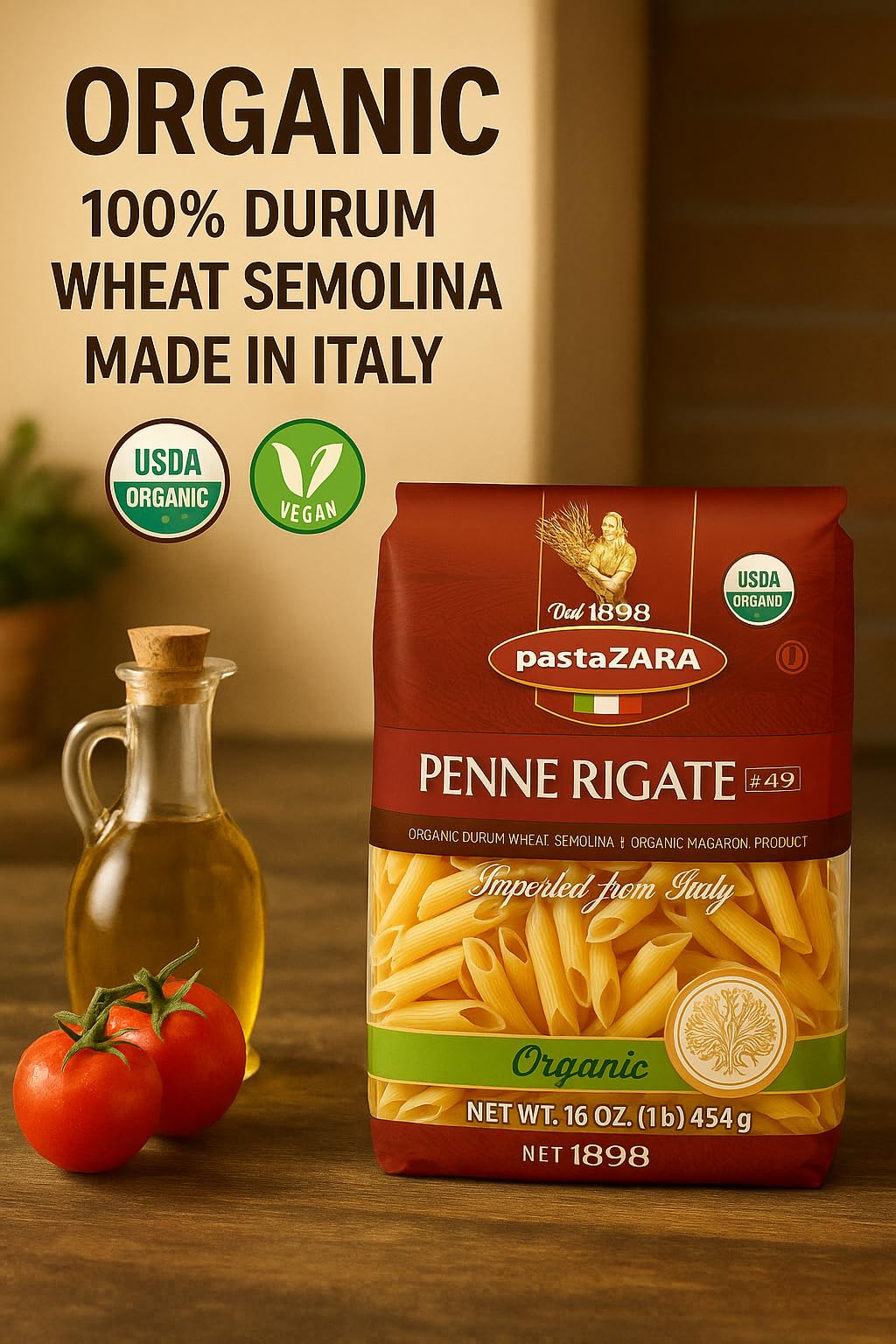 PASTA ZARA - Penne Rigate - Organic - 100% Italian Pasta, Made with Durum Wheat Semolina Flour, Non GMO, Kosher (1 LB. BAG) - Consistently al Dente.
