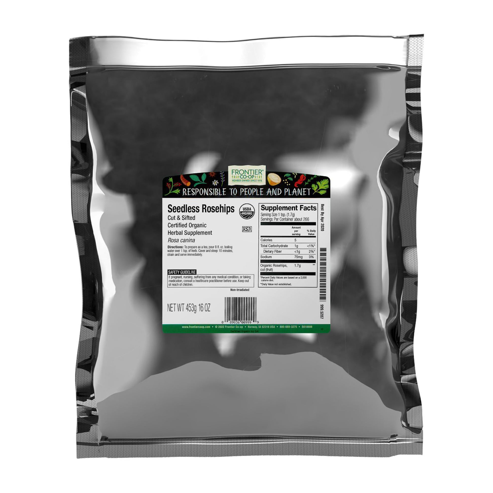 Frontier Co-op Organic Seedless Rosehips, Cut and Sifted - 100% Natural Dried Rose Hips for Rosehip Tea Organic, Powder, Oil - Kosher | 16 Ounce (Pack