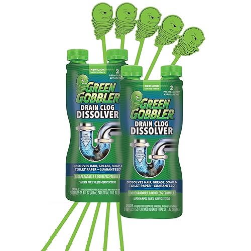 Green Gobbler Liquid Hair Drain Clog Remover, For Toilets, Sinks, Tubs - Septic Safe, 2 Pack + 5 Hair Snake Tools