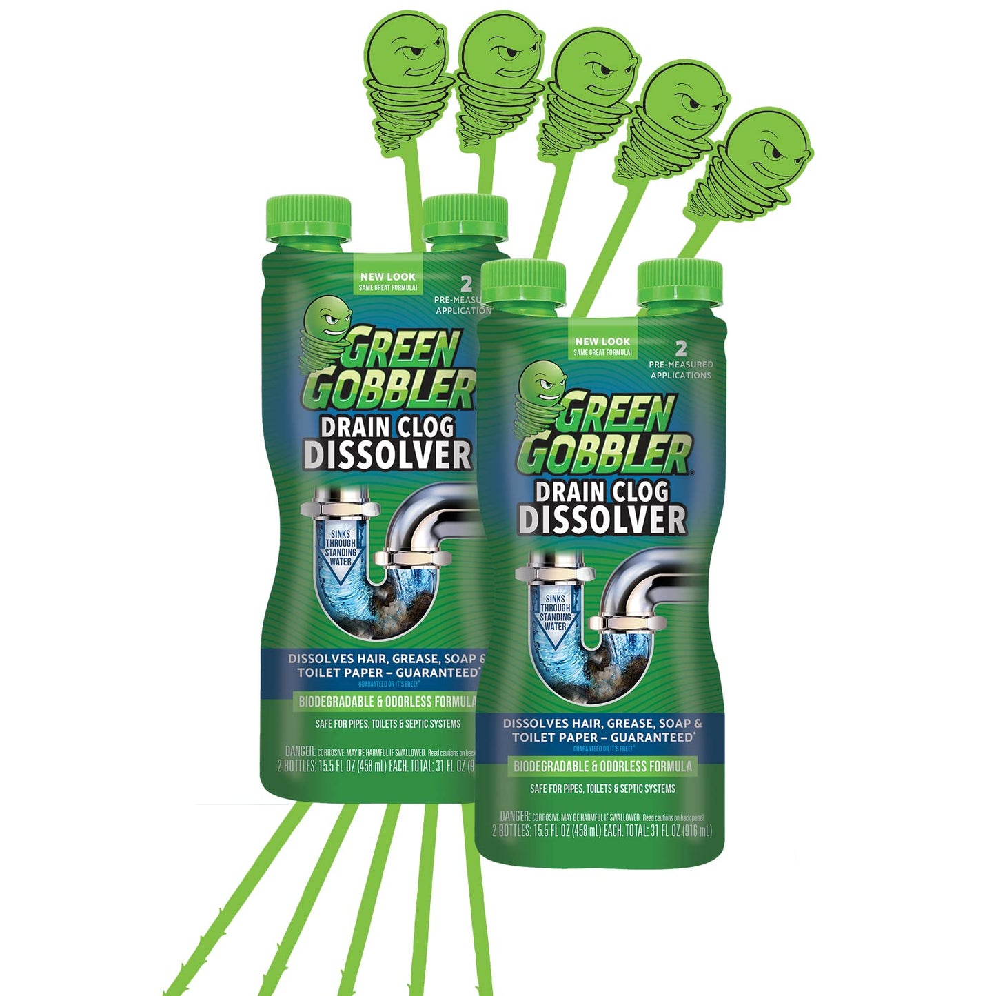 Green Gobbler Liquid Hair Drain Clog Remover, For Toilets, Sinks, Tubs - Septic Safe, 2 Pack + 5 Hair Snake Tools