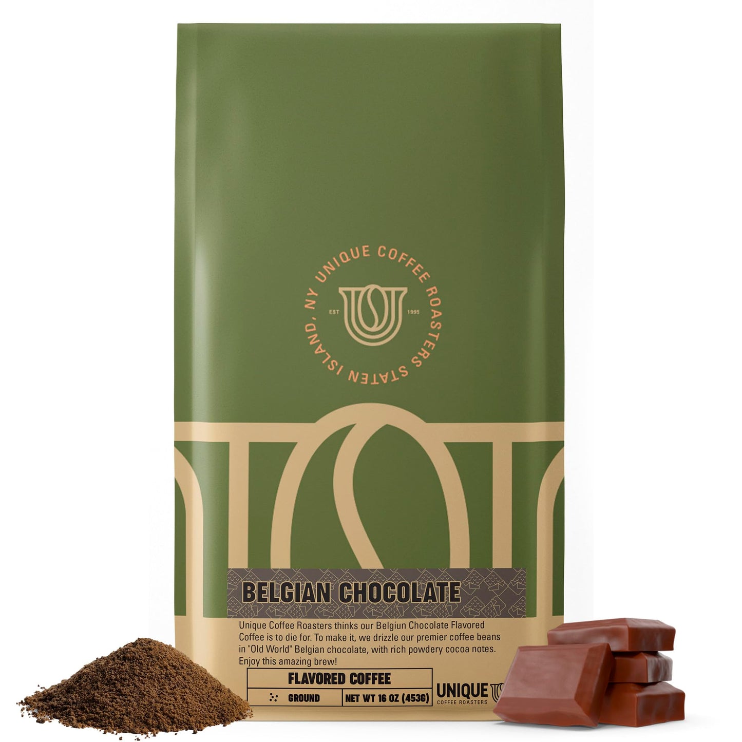 Smooth 'Belgian Chocolate' Flavored Ground Coffee, 1 LB (16 oz) bag, Medium Roast, 100% Arabica Premium Quality Flavor