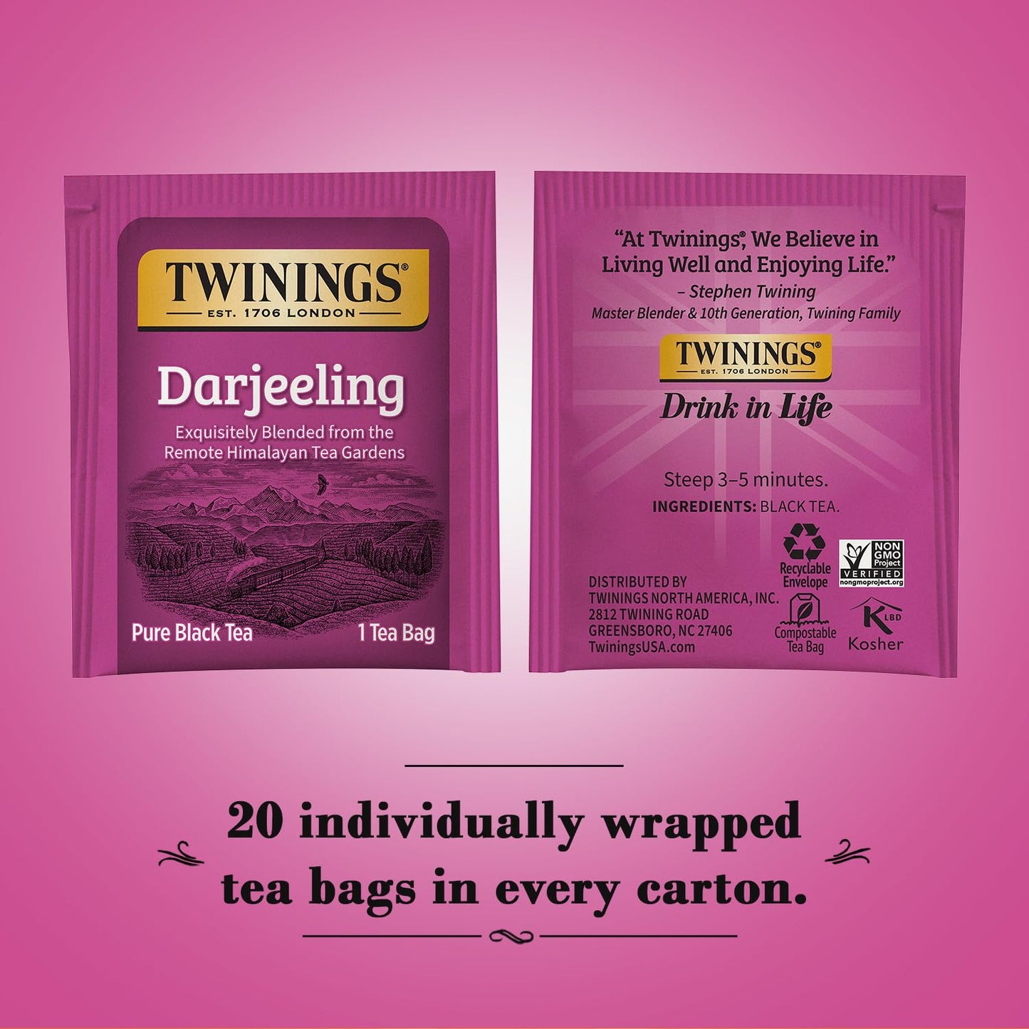 Twinings Darjeeling Tea - A Delicate, Dry Black Tea, Sophisticated Coffee Alternative with Less Caffeine, Individually Wrapped Tea Bags, 20 Count