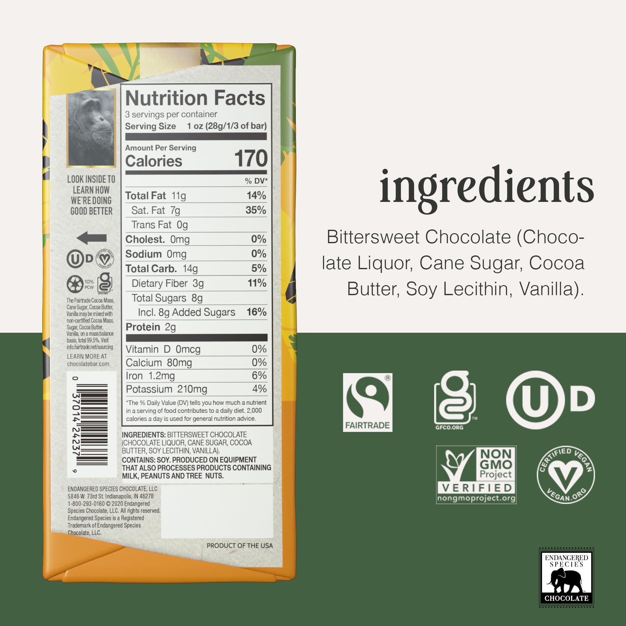 Endangered Species Chocolate Chimpanzee, Natural Dark Chocolate (72%), 3-Ounce Bars (Pack of 12)
