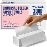 WipeSmith Multifold Paper Towels Bulk - 12 Pack Case, 250 Sheets/Pack (3,000 Total), Highly Absorbent Recycled Disposable Hand Towels for Bathrooms
