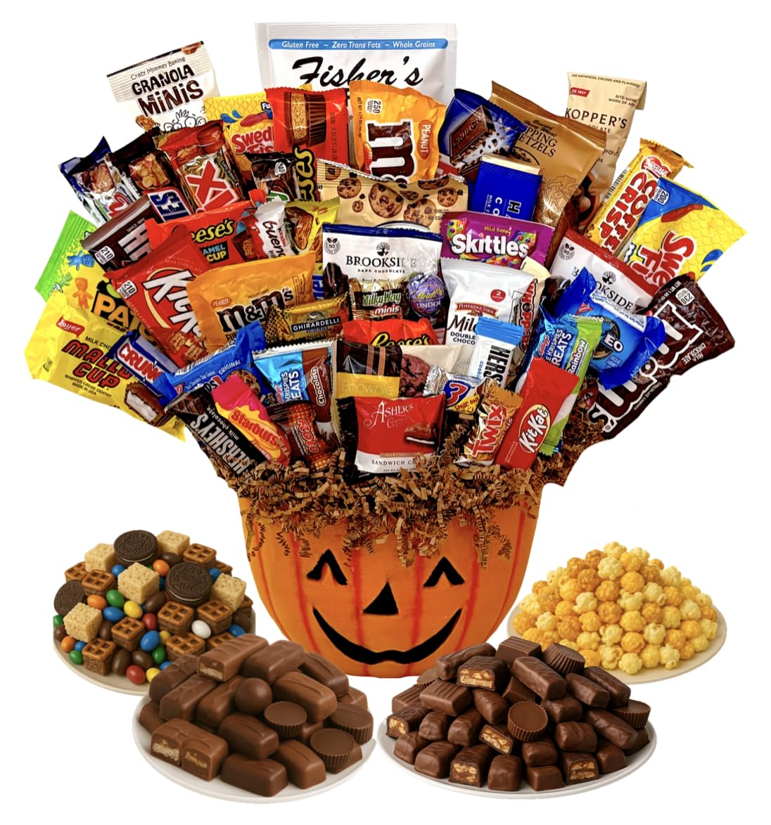 Halloween Pumpkin Gift Basket - Assorted Candy, Chocolates, Cookies & Snacks - Customizable Gift for Kids, Adults, Family, or Office (10" Timberland