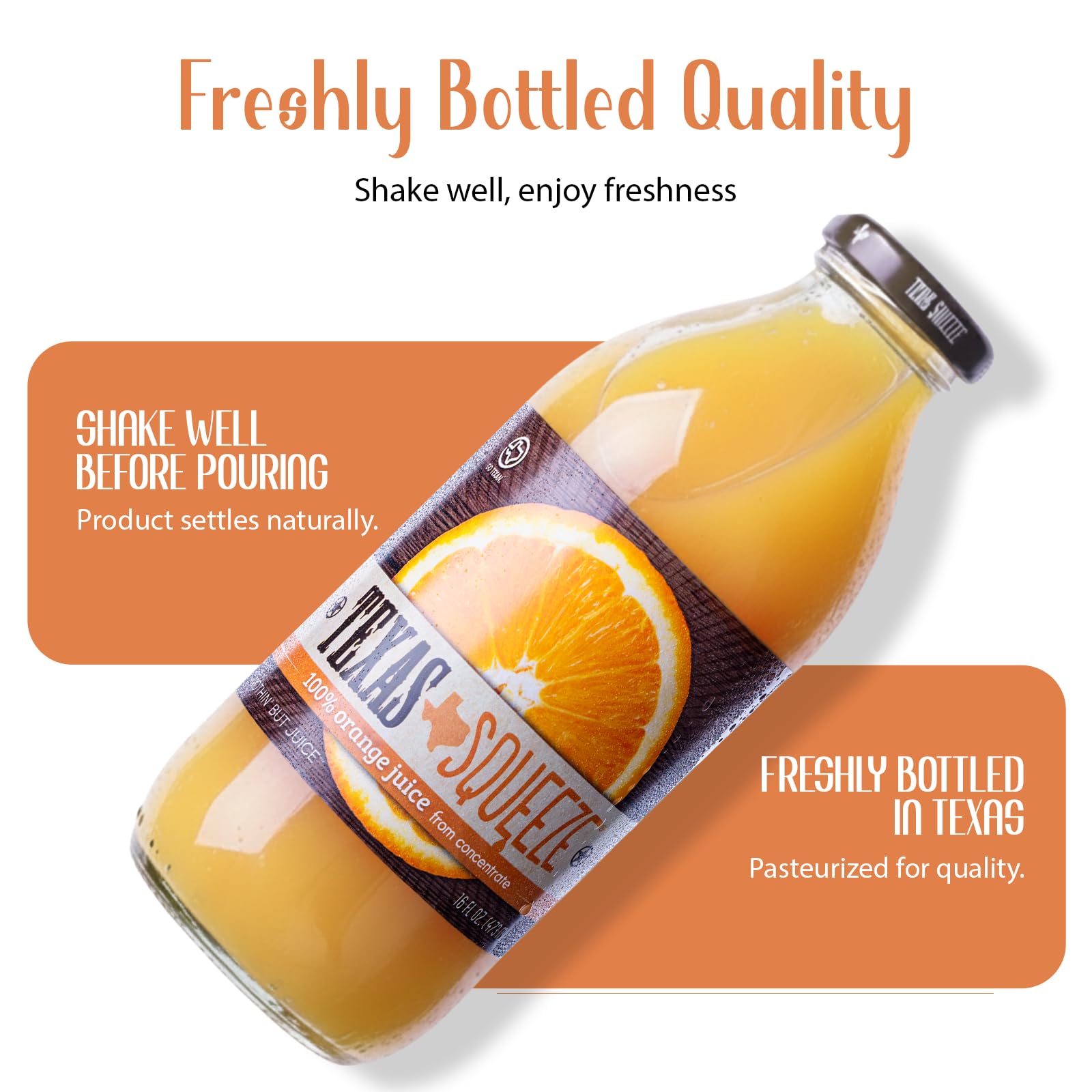 Texas Squeeze Orange Juice, NON GMO Verified, Texas Grown and Bottled, Orange Juice from Concentrate, No Sugar Added, No Preservatives, 16 fl oz, Pack