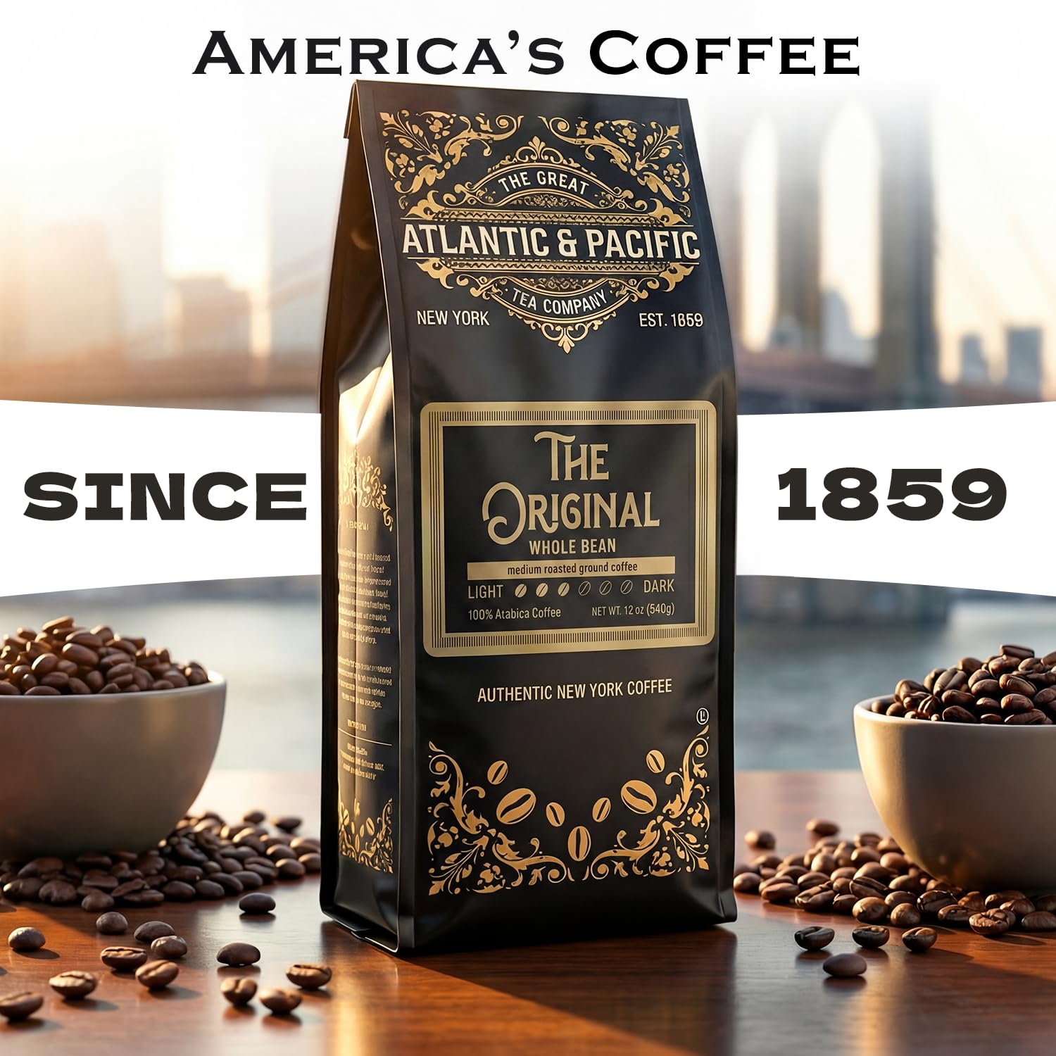 A&P Coffee Original Medium Roast Whole Bean Coffee, 12 oz, 100% Arabica Coffee Beans, Classic Smooth Flavor, Fresh Roasted Blend, Rich Aroma, Ideal