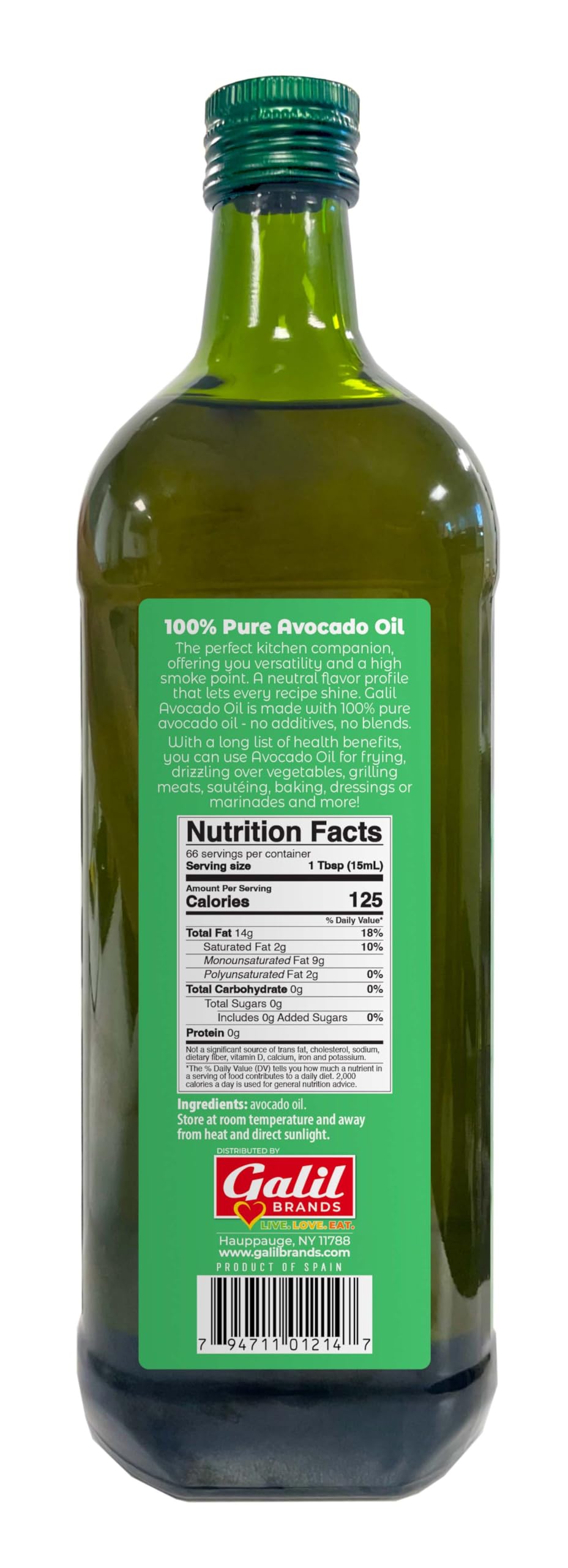 Galil 100% Pure Avocado Oil - High Smoke Point 500°F Non-GMO, Vegan, Halal Certified - Perfect for Cooking, Baking, Sautéing, Dressings & Marinades, Rich in Healthy Fats - 1 Liter Glass Bottle