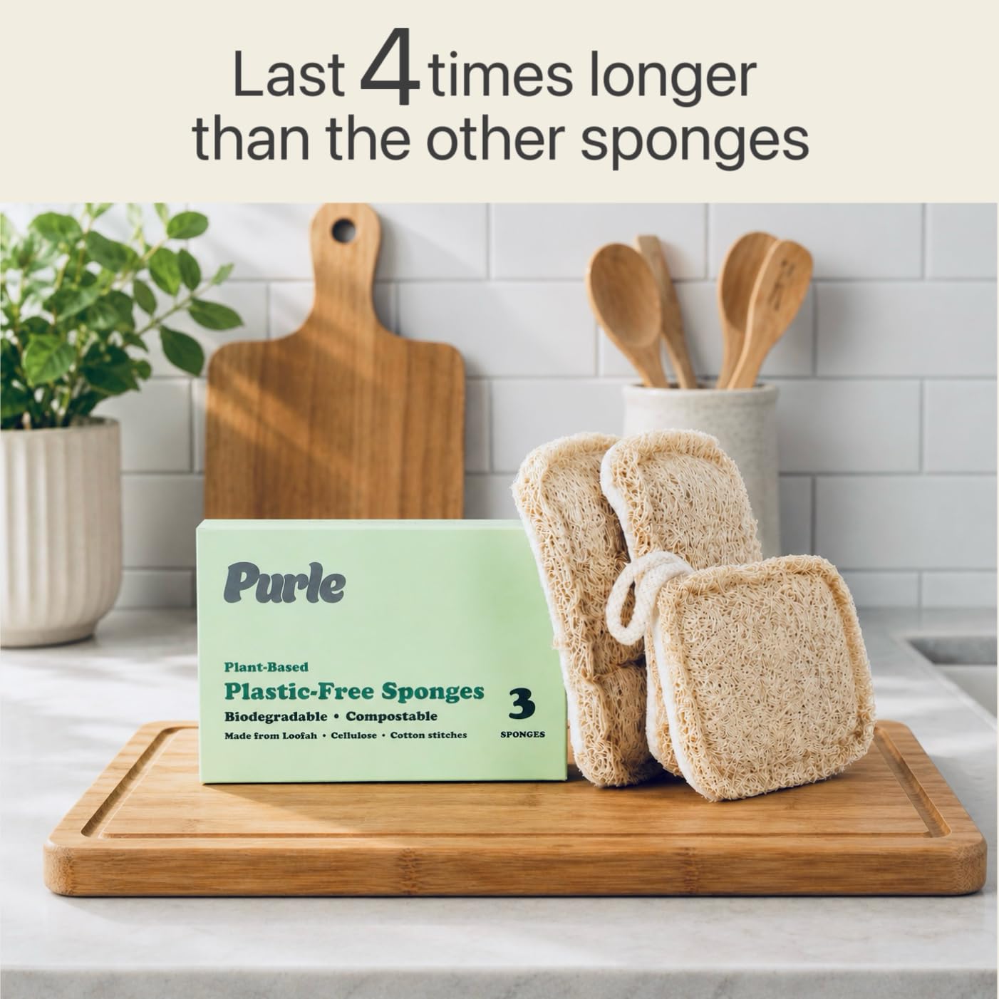 Purle Natural Kitchen Sponges, Eco-Friendly, Compostable Dish Sponges, Loofah & Cellulose Scrubbers, Plastic-Free, Zero-Waste, Biodegradable, Durable