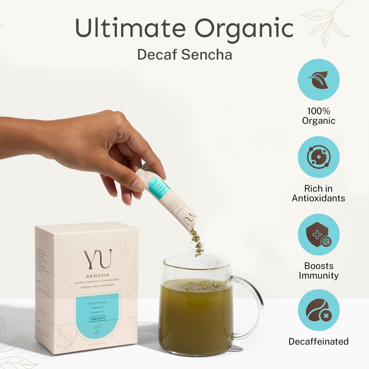 Yu Tea Decaf Organic Sencha Green Tea Powder, 30 Instant Packets | Rich in Antioxidants, EGCG, & L-Theanine | Pure Japanese First Harvest Leaf |