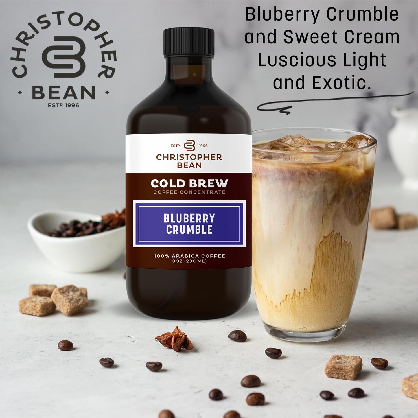 Christopher Bean Hand Crafted Blueberry Crumble Flavored Coffee - Unsweetened Cold Brew & Iced Instant Coffee Distillate Liquid Java - Blueberry