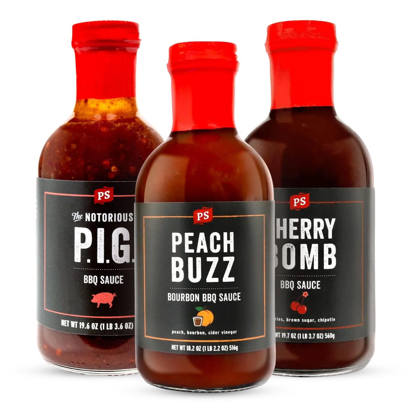 PS Seasoning Sweet Spicy BBQ Sauce Variety 3 Pack - Peach Buzz, Cherry Bomb, and Notorious PIG Gourmet Barbecue Sauce Set for Grilling Cooking
