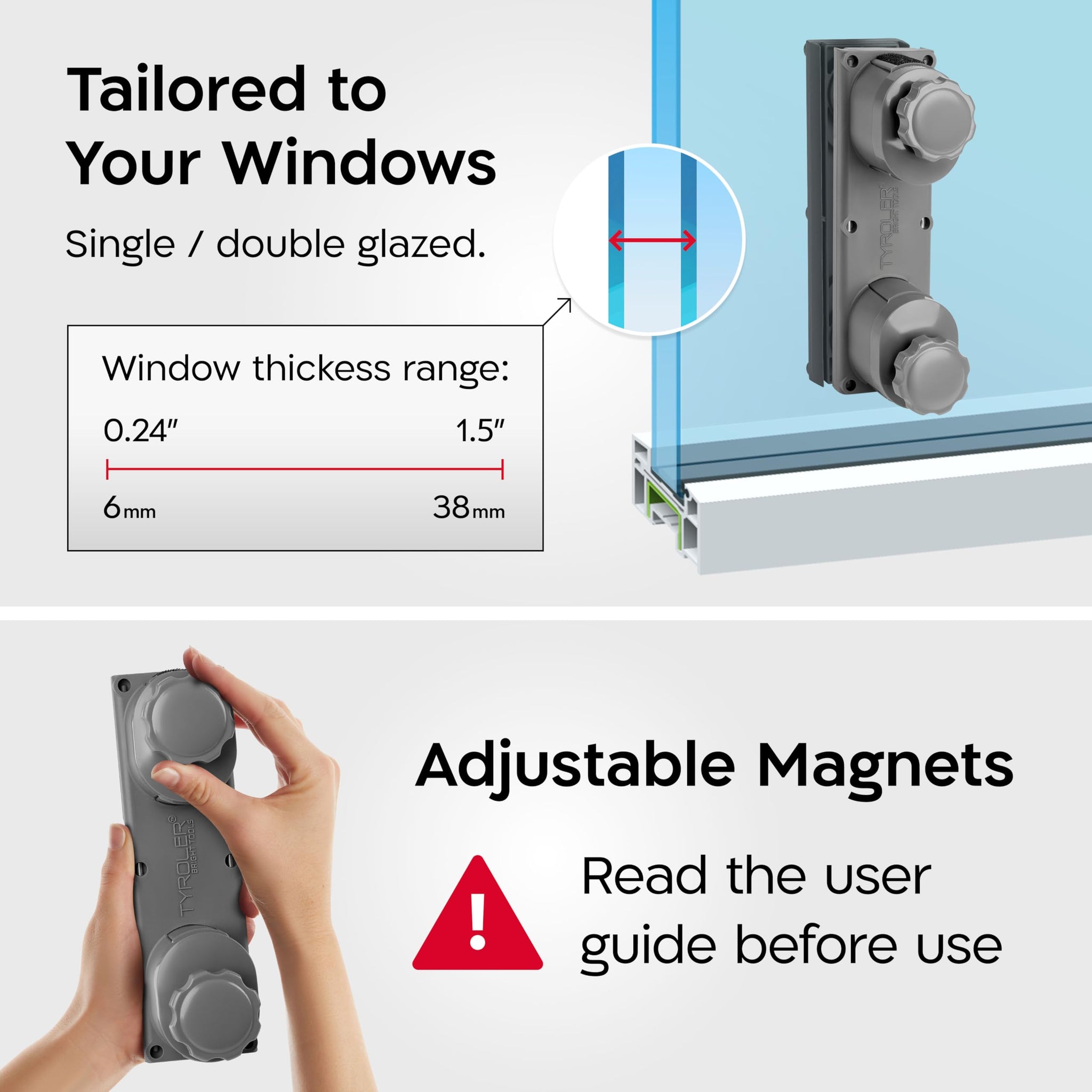 Tyroler Magnetic Window Cleaner Tool | The Silicone Glider R-3 AFC Fits Windows 0.2"-1.5" Thick | Double Sided Outside Window Cleaner Tool |