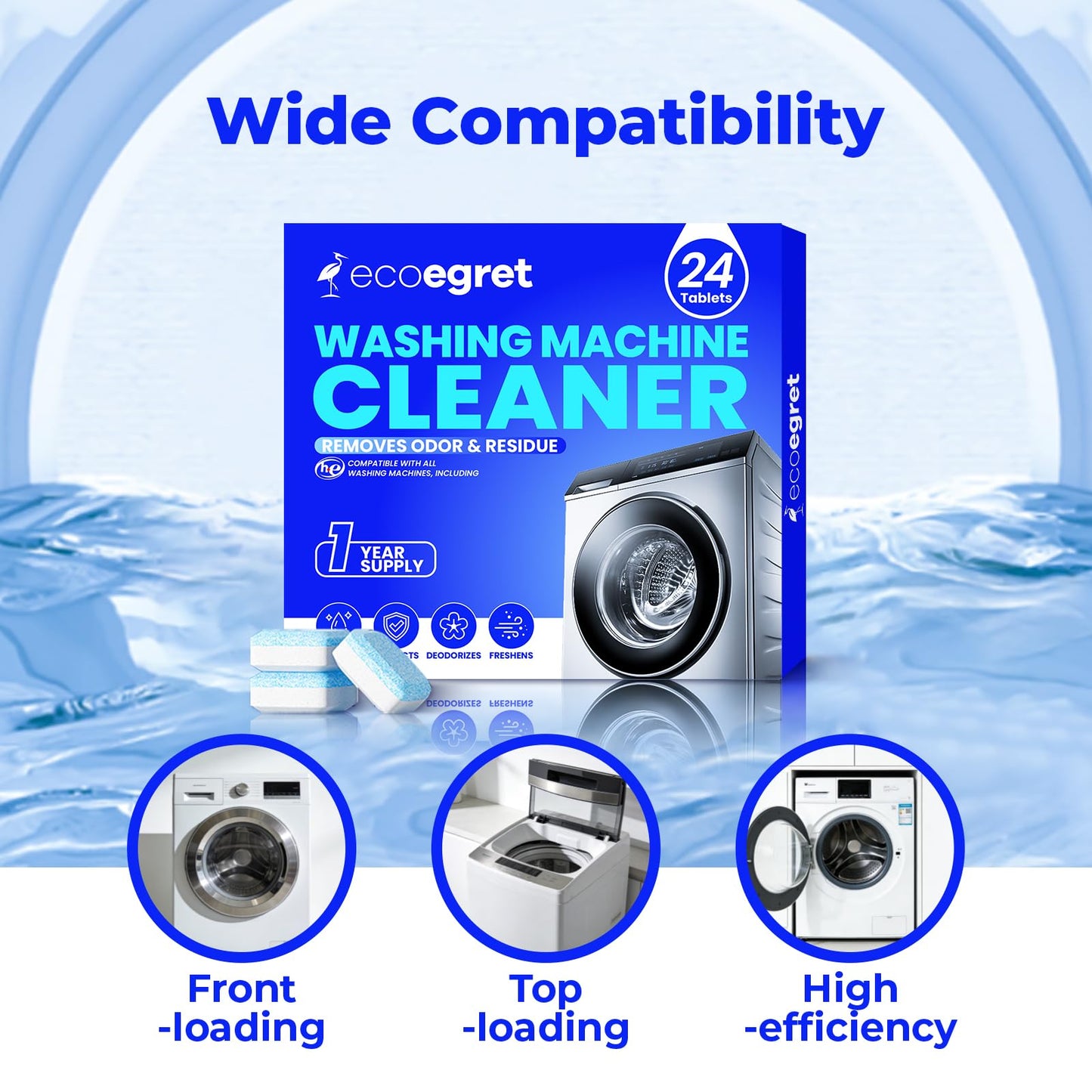 EcoEgret Washing Machine Cleaner (24 Pack), Washing Machine Cleaning Tablets for Front Load & Top Load HE Washers, Washer Cleaner Easily Removes