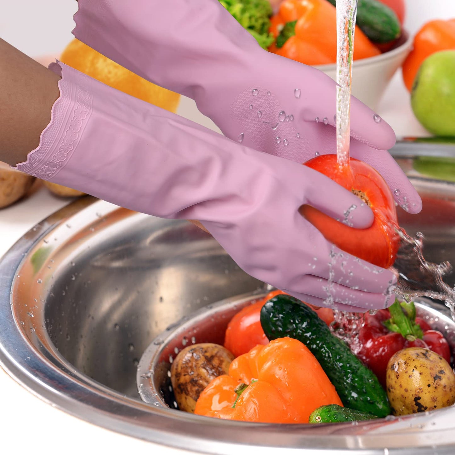 Bamllum Rubber Cleaning Gloves - 3 Pairs Latex Free Kitchen Cleaning Gloves with Cotton Liner- Household Dishwashing Gloves, Non- Slip Waterproof