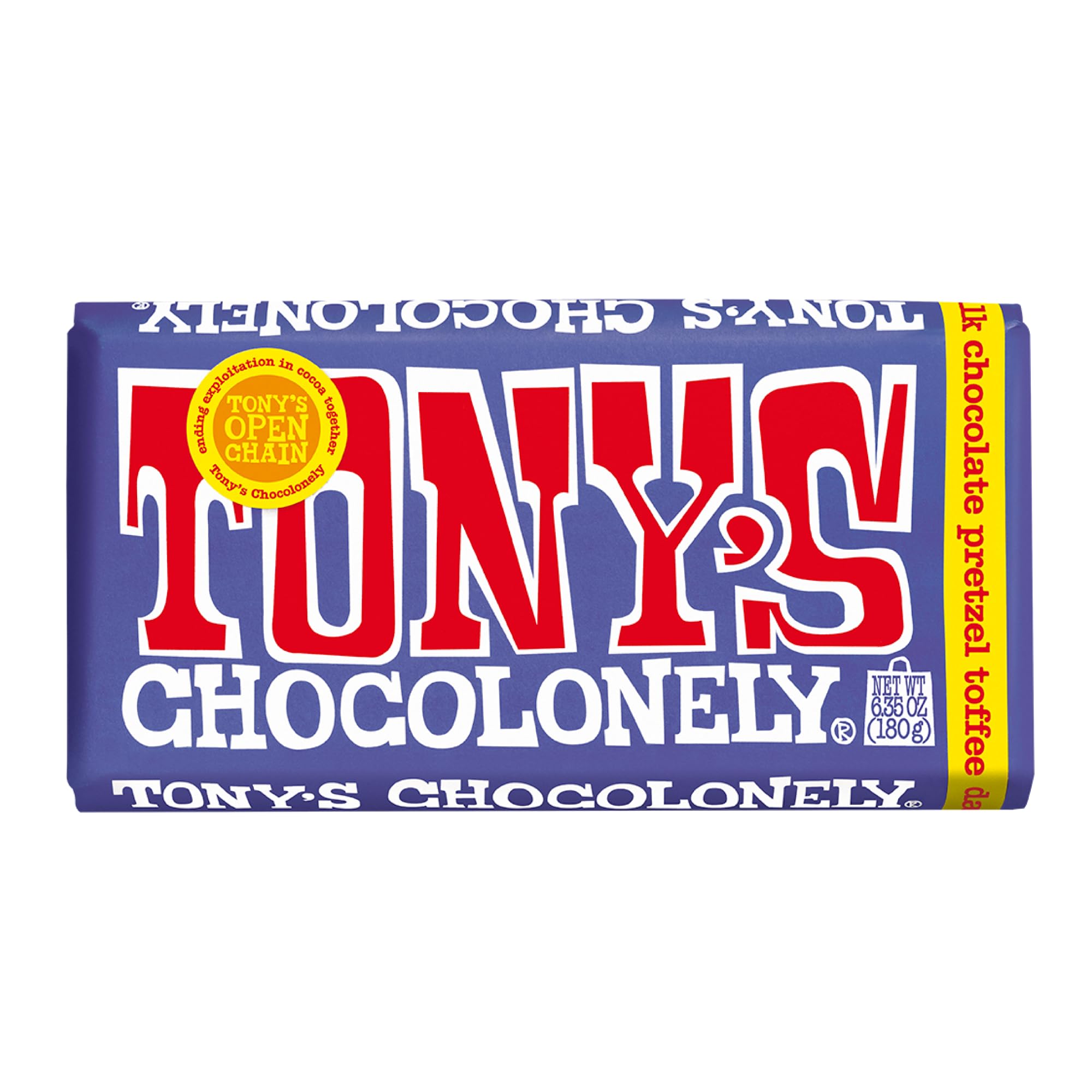Tony's Chocolonely 42% Dark Milk Chocolate Bar with Pretzel and Toffee Belgium Chocolate, No Artificial Flavoring, Fairtrade & B Corp Certified - 6.35