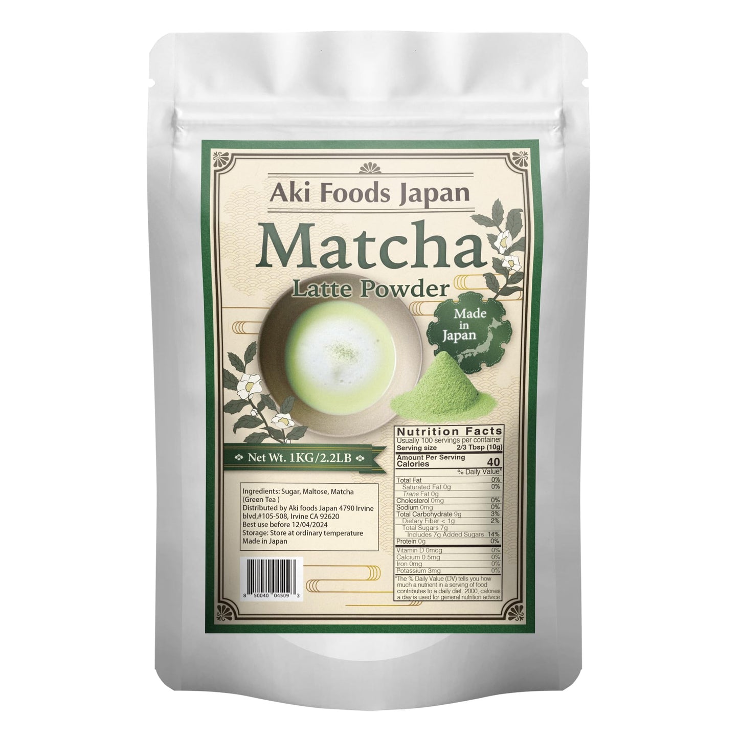 Matcha Latte Mix 2.2LB (1kg) by Aki Foods Japan - Premium Japanese Green Tea Latte Powder, Authentic Matcha Flavor, Easy to Prepare | For Bulk