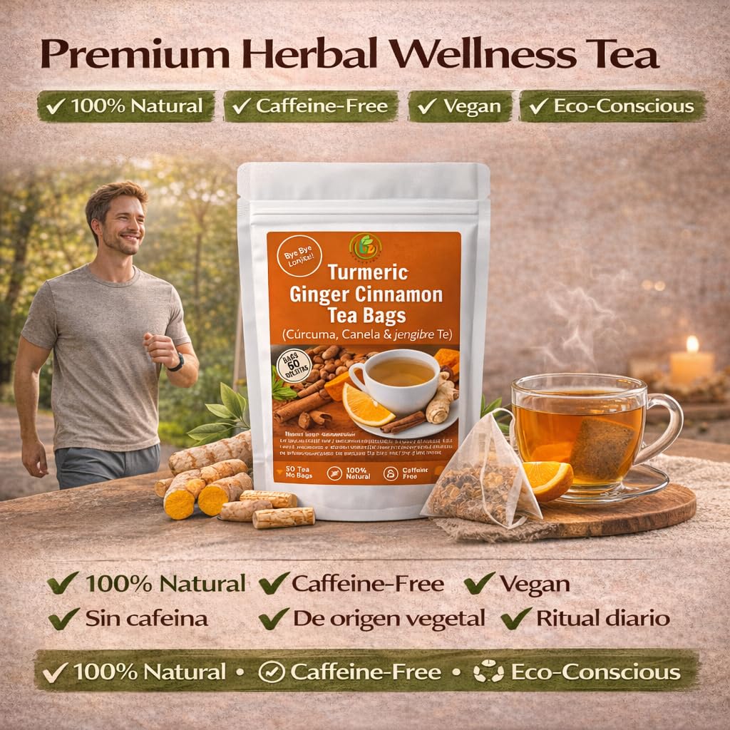 Turmeric Ginger Cinnamon Herbal Blend Tea (Té de Canela con Cúrcuma y Jengibre) Premium - 50 Bags - 100% Natural, Vegan, Caffeine-Free, No Additives