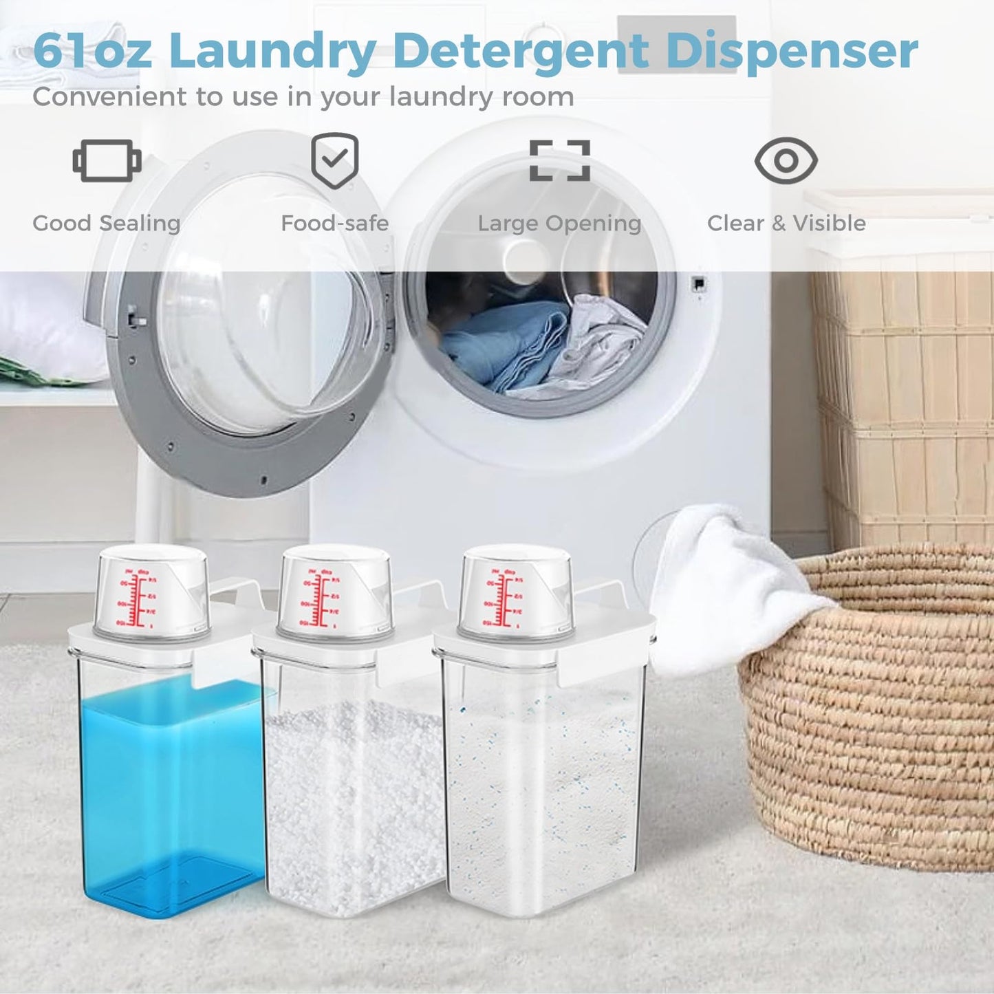 3 PCS Liquid Laundry Detergent Dispensers, 61oz Laundry Bead Dispenser, Clear Airtight Fabric Softener Container, Liquid Detergent Box for Laundry