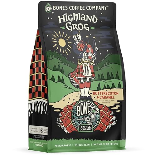 Bones Coffee Company Highland Grog, Butterscotch Caramel Flavored Coffee, Medium Roast Low Acid Arabica Beans Compatible with Auto drip and French