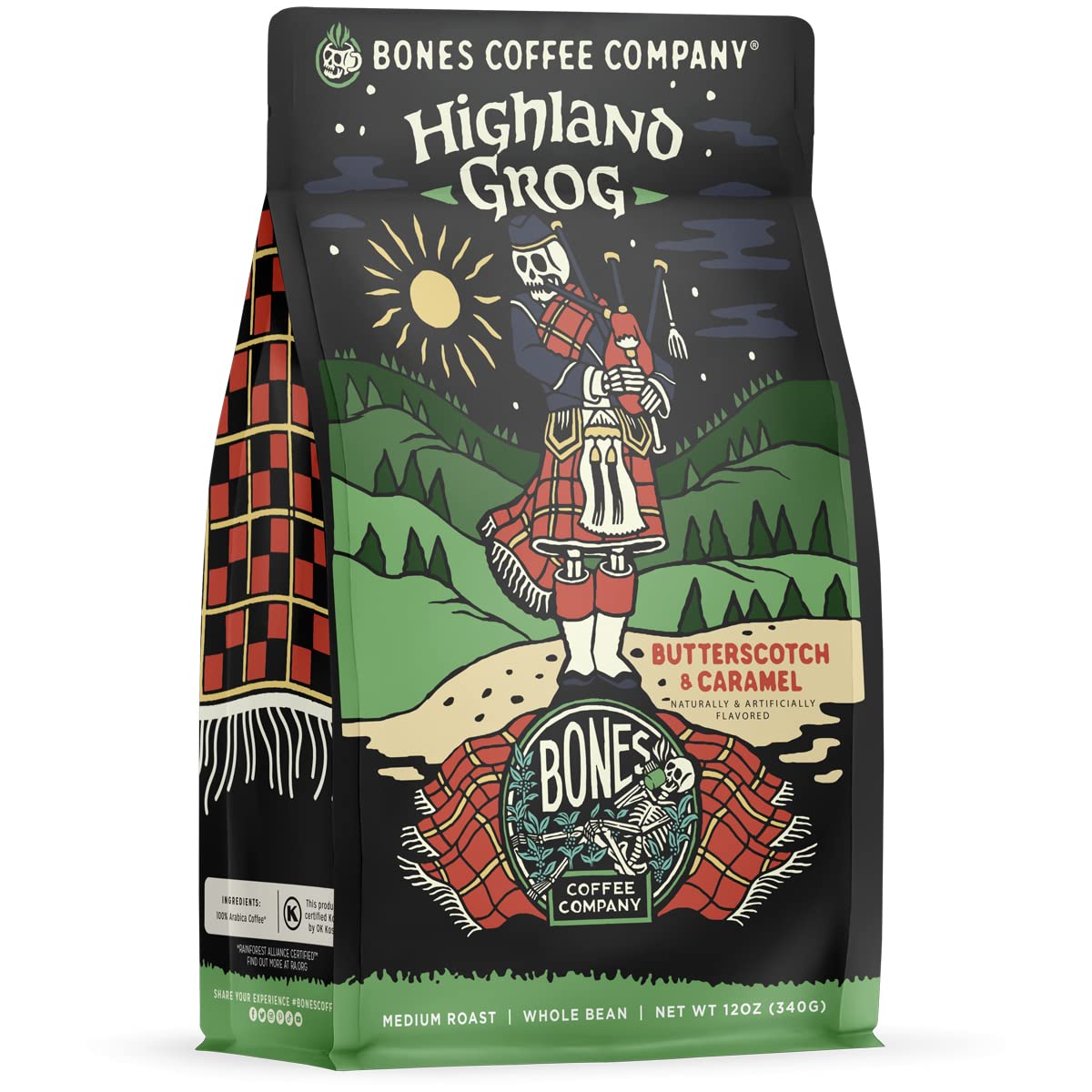 Bones Coffee Company Highland Grog, Butterscotch Caramel Flavored Coffee, Medium Roast Low Acid Arabica Beans Compatible with Auto drip and French