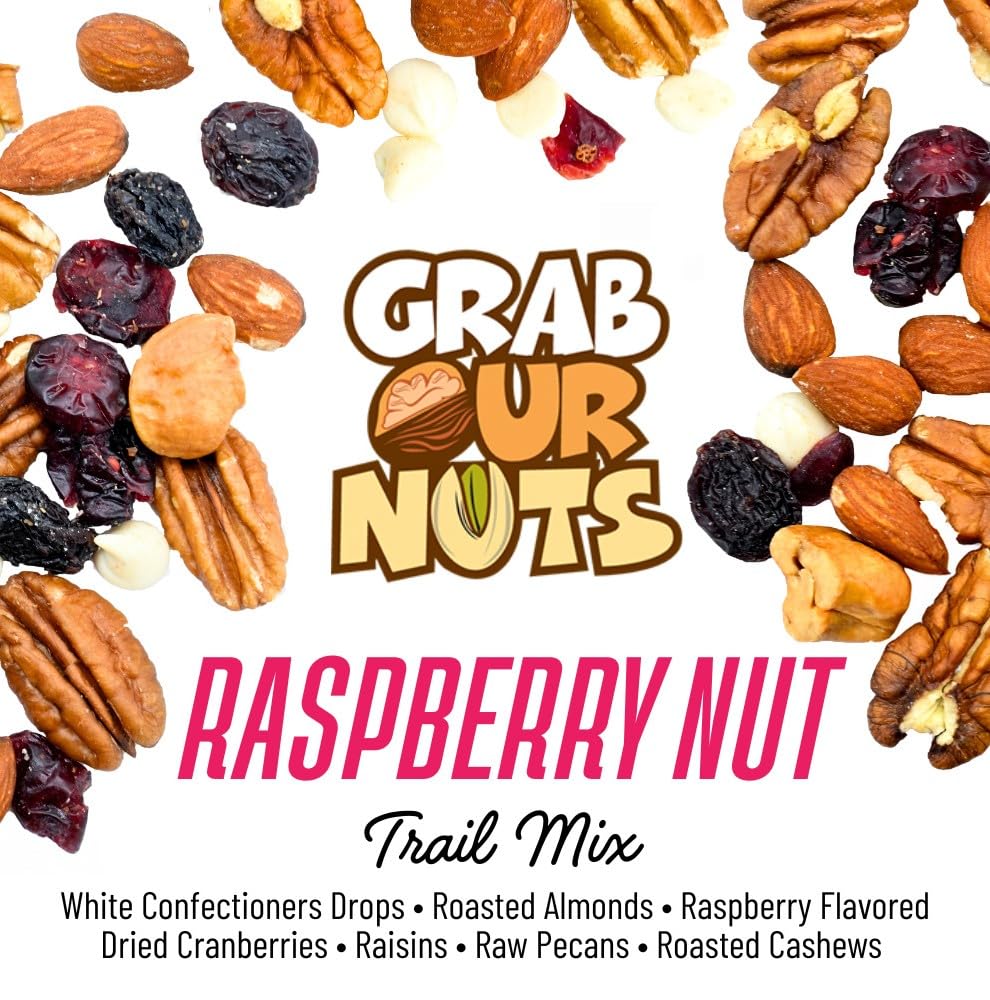 Grab Our Nuts Raspberry Nut Trail Mix 40 Ounce Jar: White Confectioners Drops, Roasted Almonds, Raspberry Flavored Dried Cranberries, Raisins, Raw