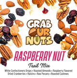 Grab Our Nuts Raspberry Nut Trail Mix 40 Ounce Jar: White Confectioners Drops, Roasted Almonds, Raspberry Flavored Dried Cranberries, Raisins, Raw
