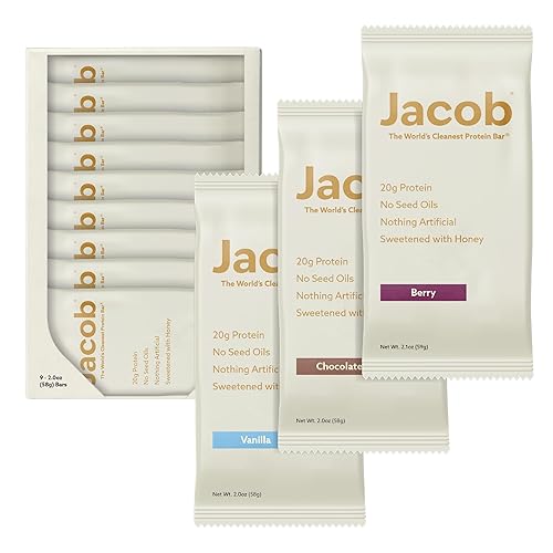 Jacob Bar, Protein Bars, Variety Pack (9 Bars Total) Contains 3 of Each; Chocolate, Vanilla, Berry - 20g Grass-Fed Protein, No Seed Oils, Nothing