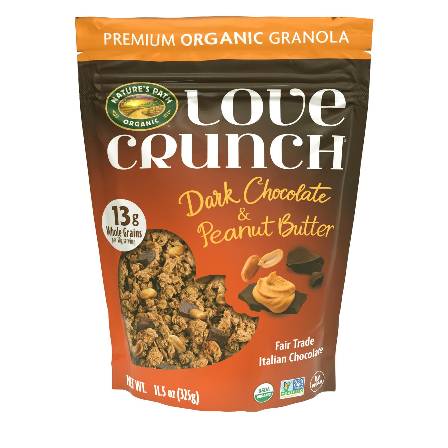 Love Crunch Organic Dark Chocolate & Peanut Butter Granola, 11.5 oz (Pack of 1), Non-GMO, Fair Trade, by Nature's Path