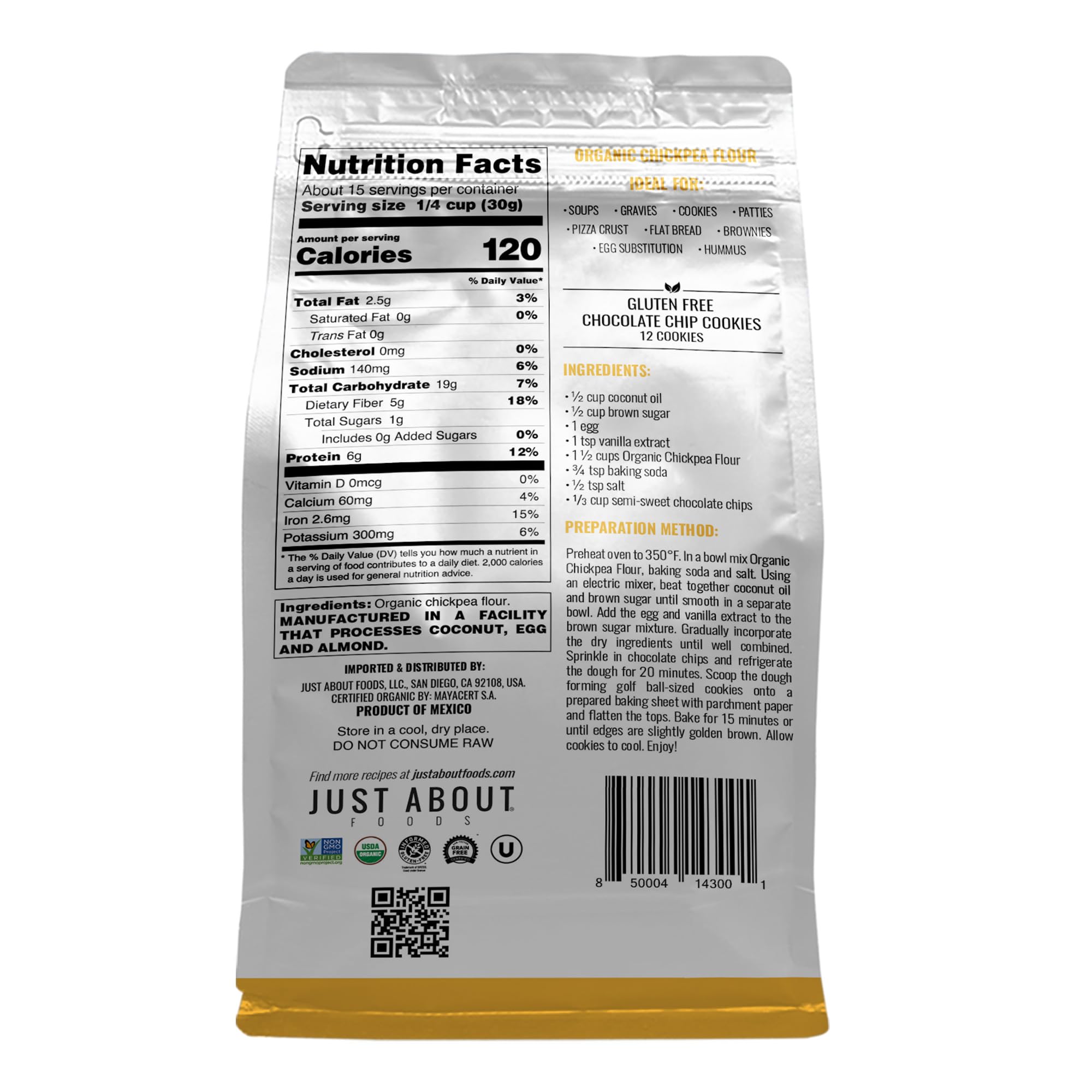 Organic Chickpea Flour 1lb (454 g) USDA Organic Gluten Free Grain free Non GMO Kosher Pack of 1 | Just About Foods