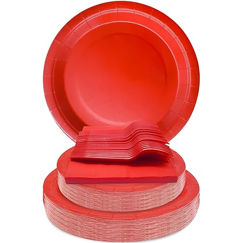 WYQJHKV Red Party Supplies Set Include Red Paper Plates and Napkins party supplies,Severs 25 Guests Dessert Plates,Disposable Cake Plates Paper Plate