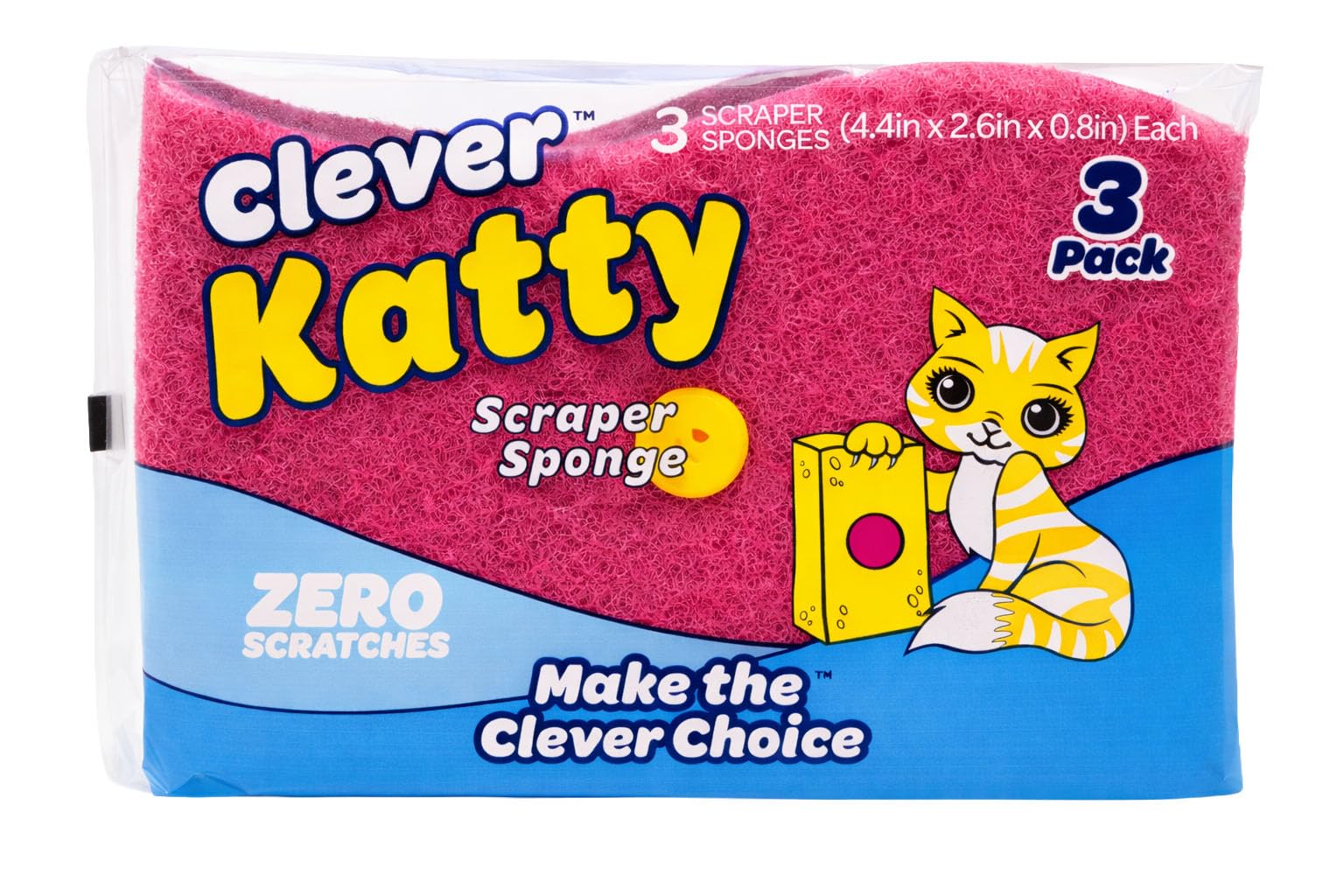 Clever Katty Scraper Sponge, Non-Scratch Cleaning Sponges with Hard Scraper, Pink, 3 Pack, 4.4in x 2.6in x 0.8in, Zero Scratches