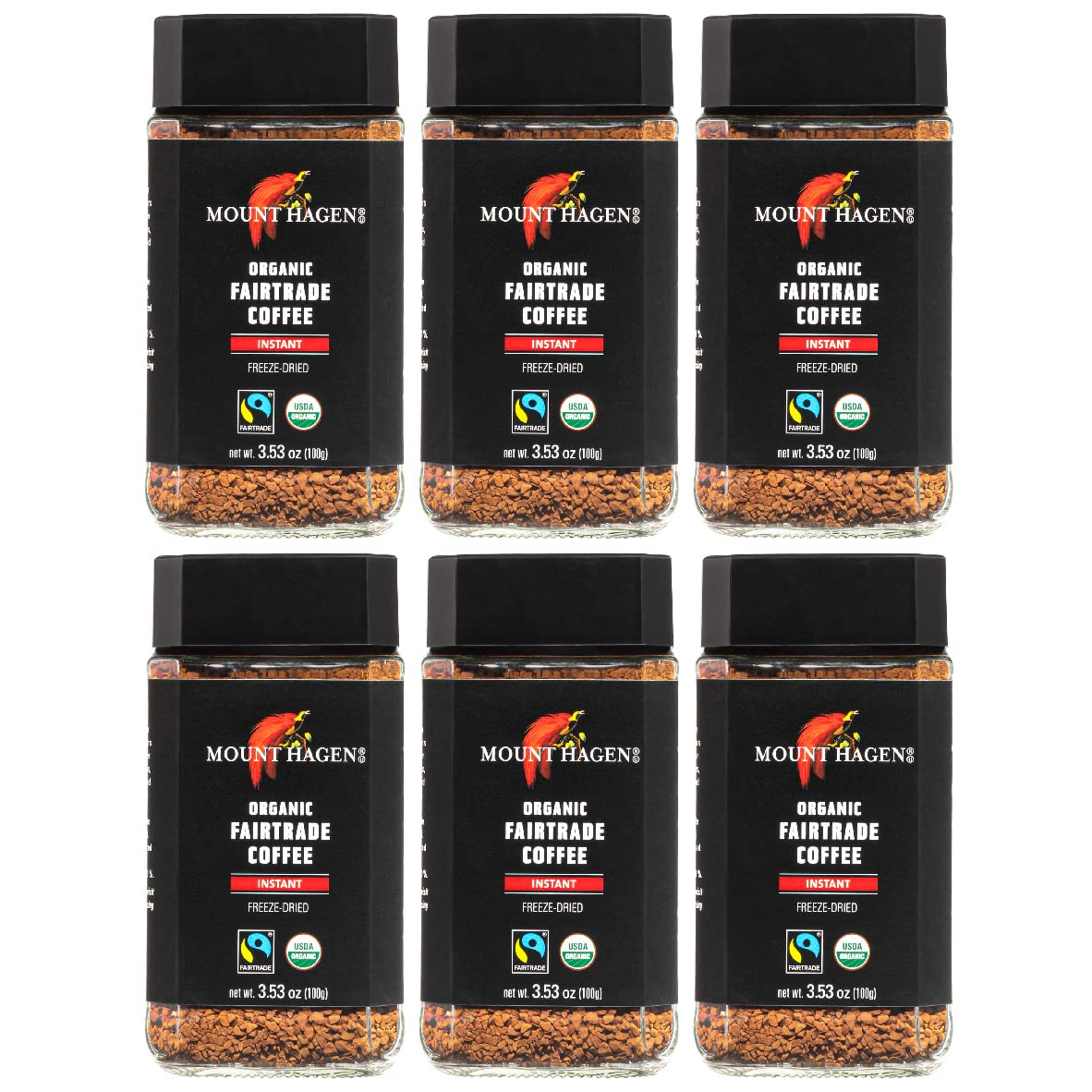 Mount Hagen 3.53oz Organic Freeze Dried Instant Coffee - 6 pack | Eco-friendly Coffee Made From Organic Medium Roast Arabica Beans | Fair-Trade Coffee