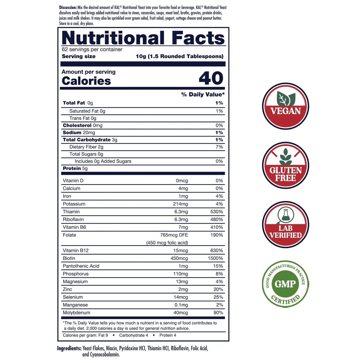 KAL Nutritional Yeast Flakes, Fortified with B12, Folic Acid & Other B Vitamins, Unsweetened, Great Nutty Flavor, Vegan & Gluten Free, 60-Day Money