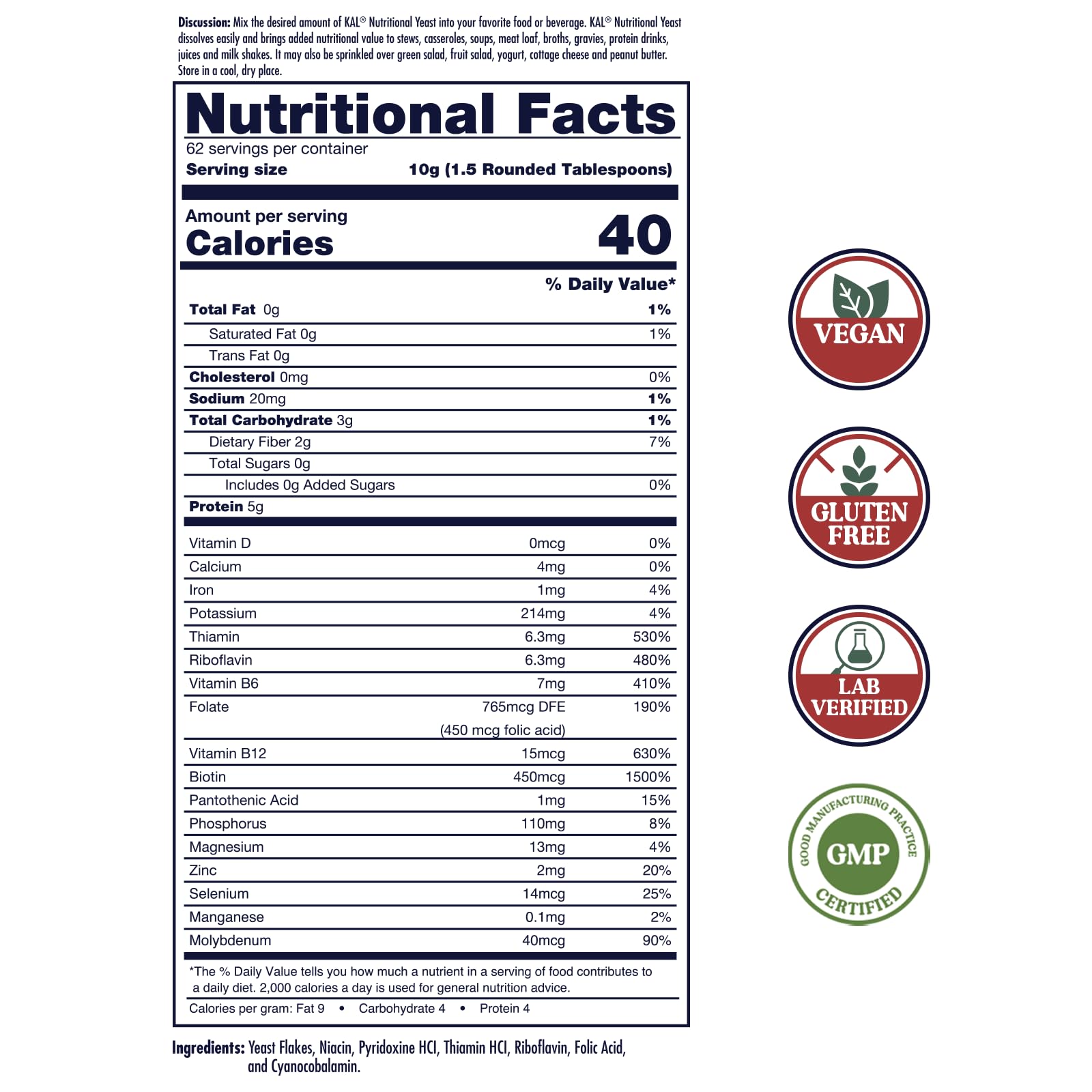 KAL Nutritional Yeast Flakes, Fortified with B12, Folic Acid & Other B Vitamins, Unsweetened, Great Nutty Flavor, Vegan & Gluten Free, 60-Day Money