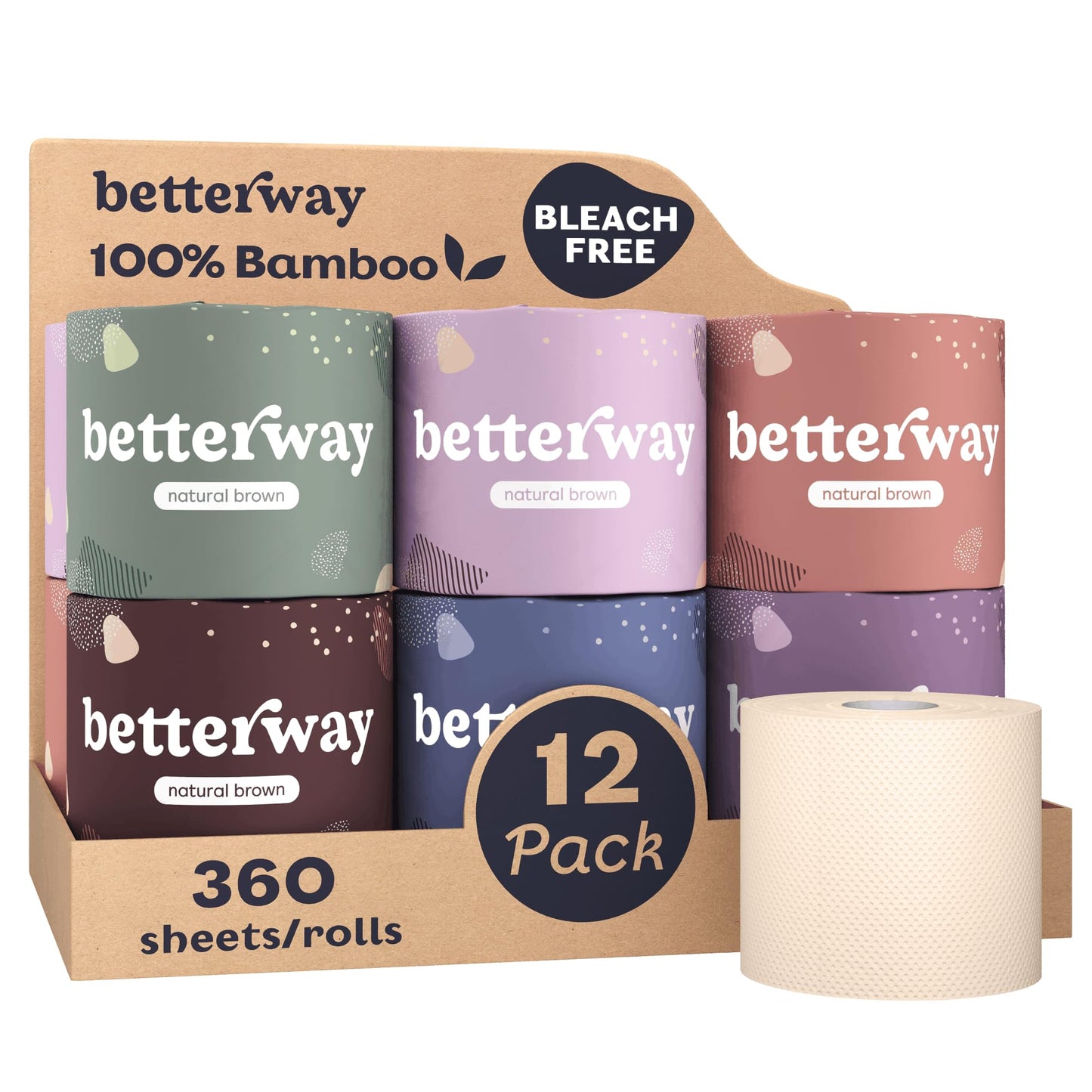 Betterway Unbleached Bamboo Toilet Paper Rolls - Eco-Friendly 3 Ply Toilet Tissue - 12 Long-Lasting Rolls - 360 Sheets/Roll - Organic, FSC Certified