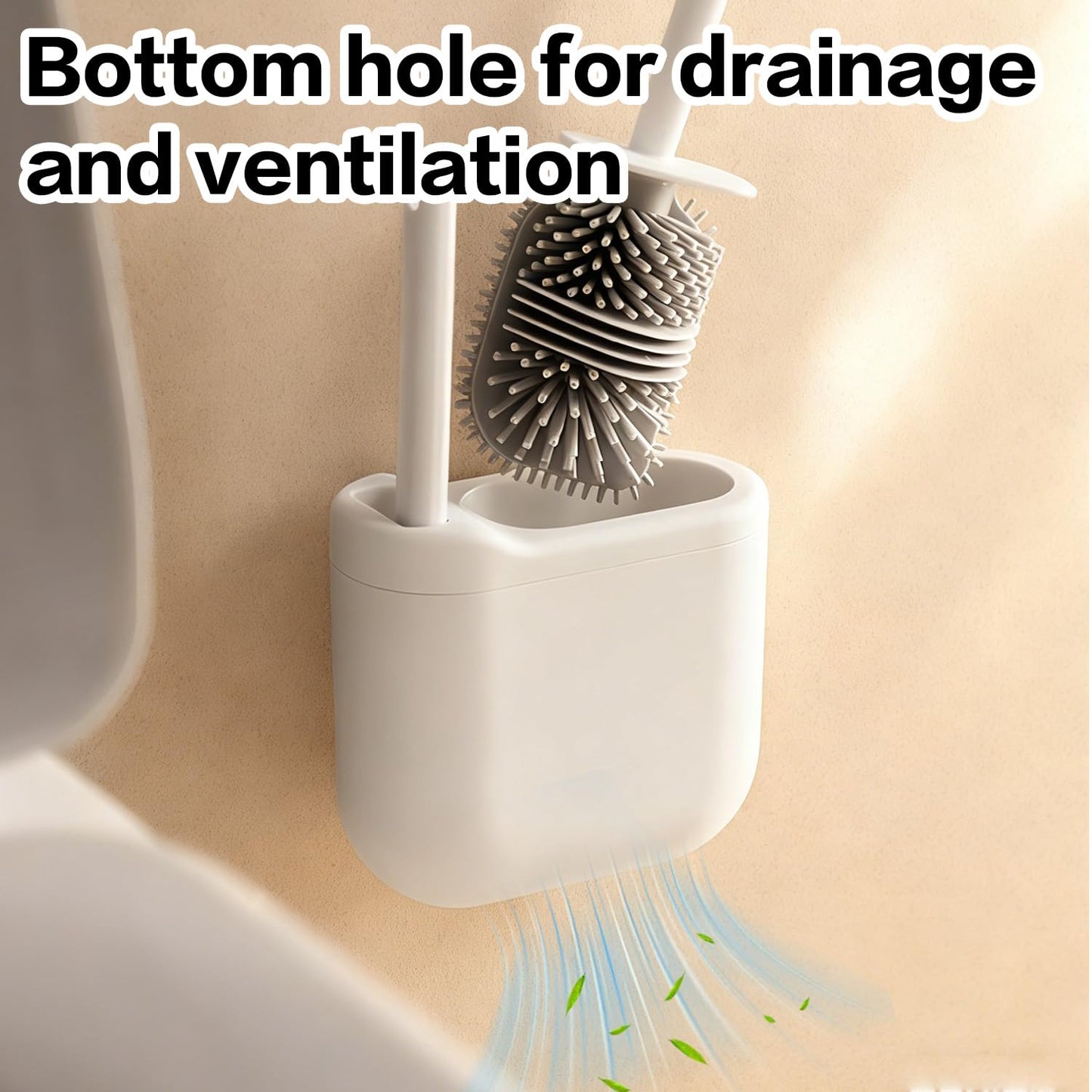 Silicone Toilet Brush Set with Corner Brush & Wall-Mounted Holder, No-Scratch Design with Drainage Holes, Adhesive Installation, White