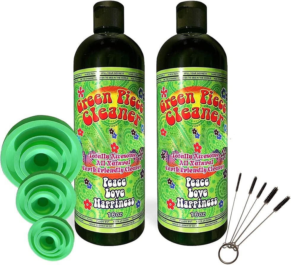 Green Piece® Glass Cleaner (Made in USA) - 2 of the 16 oz bottles with a Set of 3 Silicone Plugs and a 5 Piece Mini Metal Nylon Brush