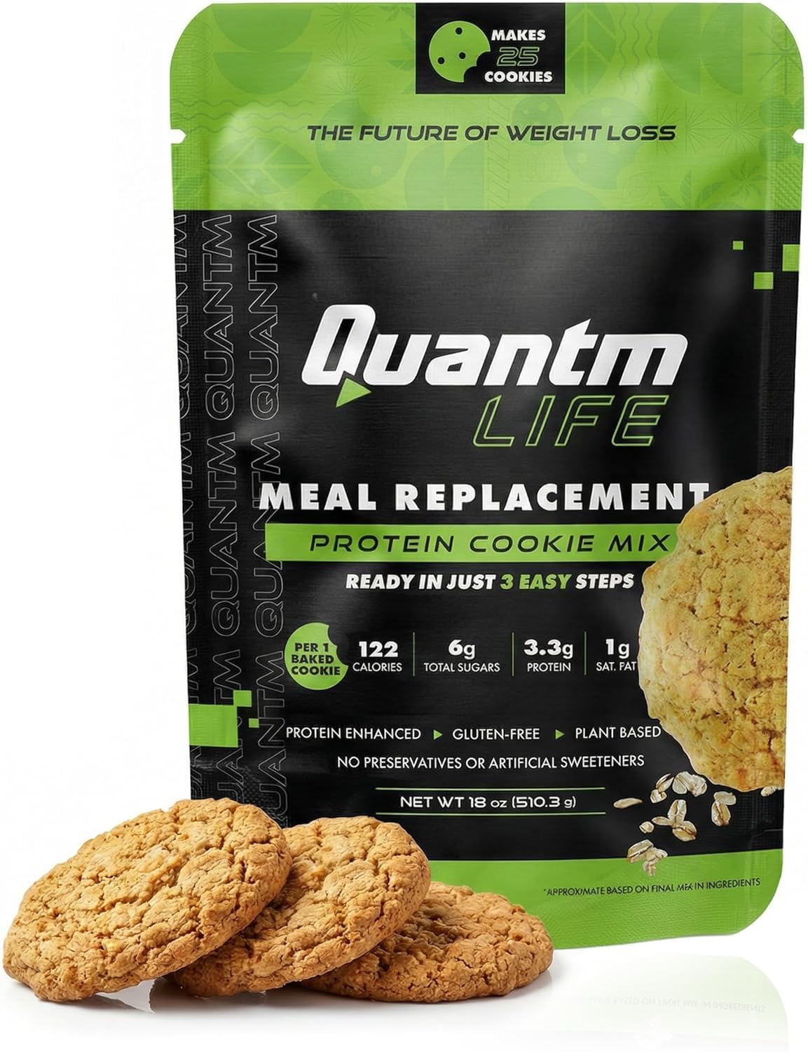 Quantm Life Cookie Mix, Gluten Free, Plant-Based Meal Replacement Plan with Hemp Protein, Rich in Fiber, Low in Sugar, No Preservatives or Artificial Sweeteners, 18 oz, 3 Pack, 2-Week Supply