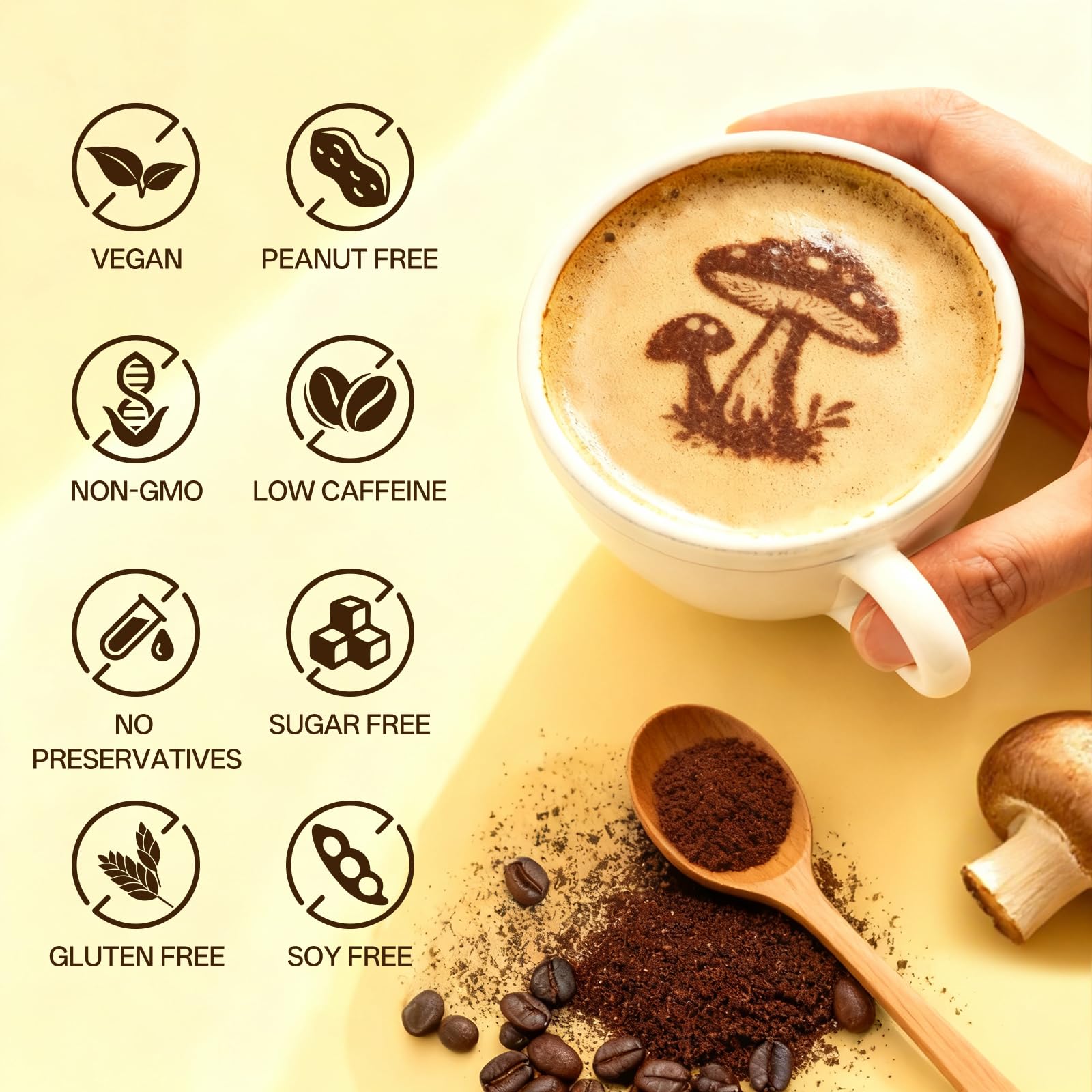 Mushroom Coffee Instant Powder with 6 Functional Mushrooms (Lion‘s Mane, Reishi, Cordyceps) - Focus, Energy & Body protection Support, Low Caffeine