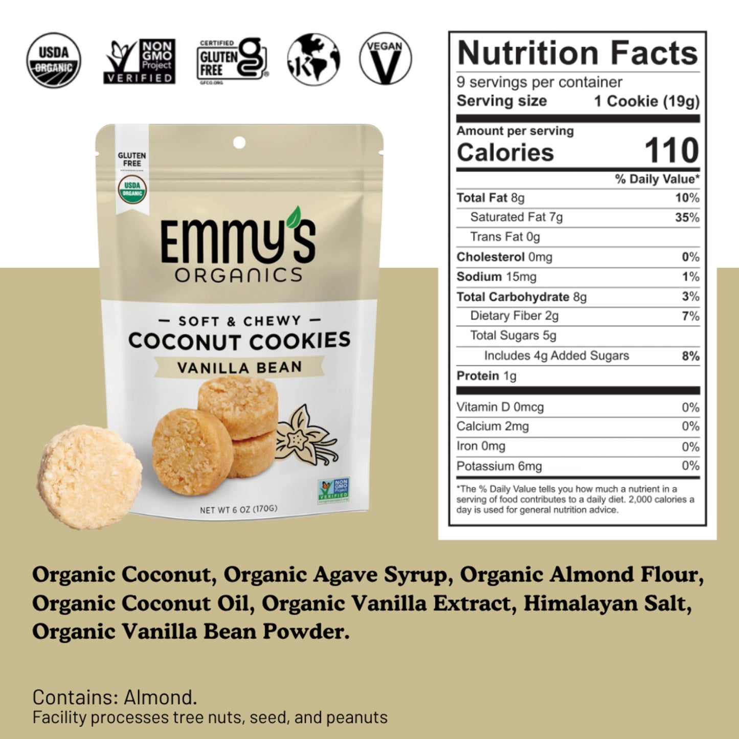 Emmy's Organics Vanilla Bean Coconut Cookies (Pack of 2) | Gluten-Free, Organic, Vegan, Paleo-Friendly