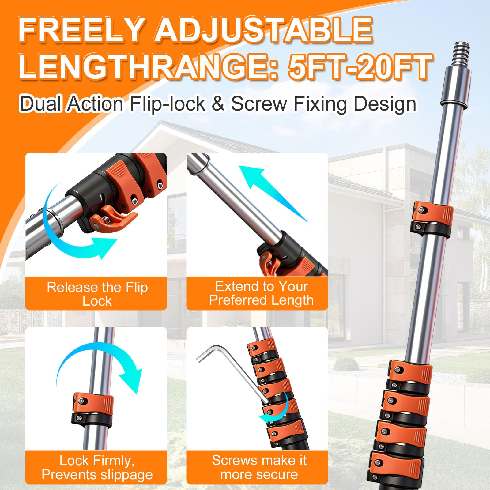 TONYINGO 26FT Window Cleaning Kit, 2-in-1 Squeegee with 5-20FT Telescoping Pole & Flip-Lock & Screw Dual Locking, Professional Long Handle Washing