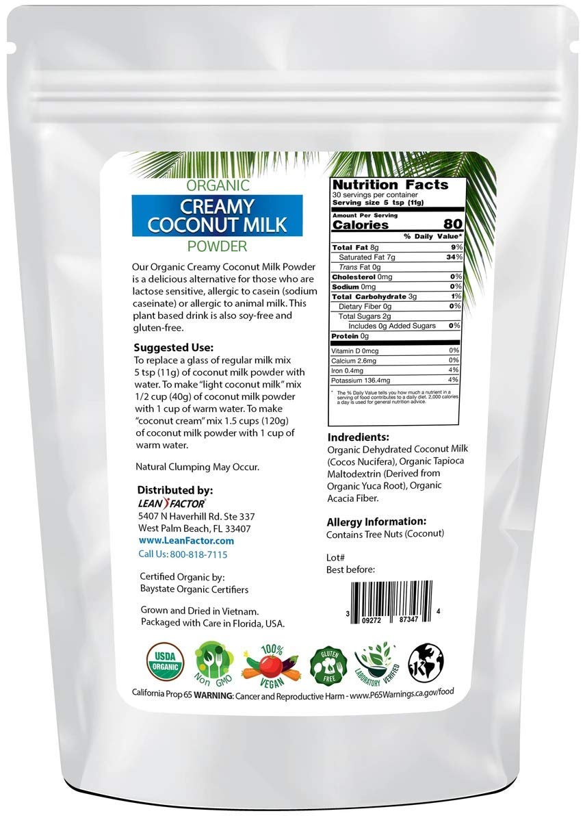 Powdered Coconut Milk Organic - Dried & Shelf Stable For Convenience - Emergency Food For Long Term Storage - Dairy & Lactose Free Powder Creamer - All Natural, Non GMO, Vegan, & Gluten Free - 12 oz