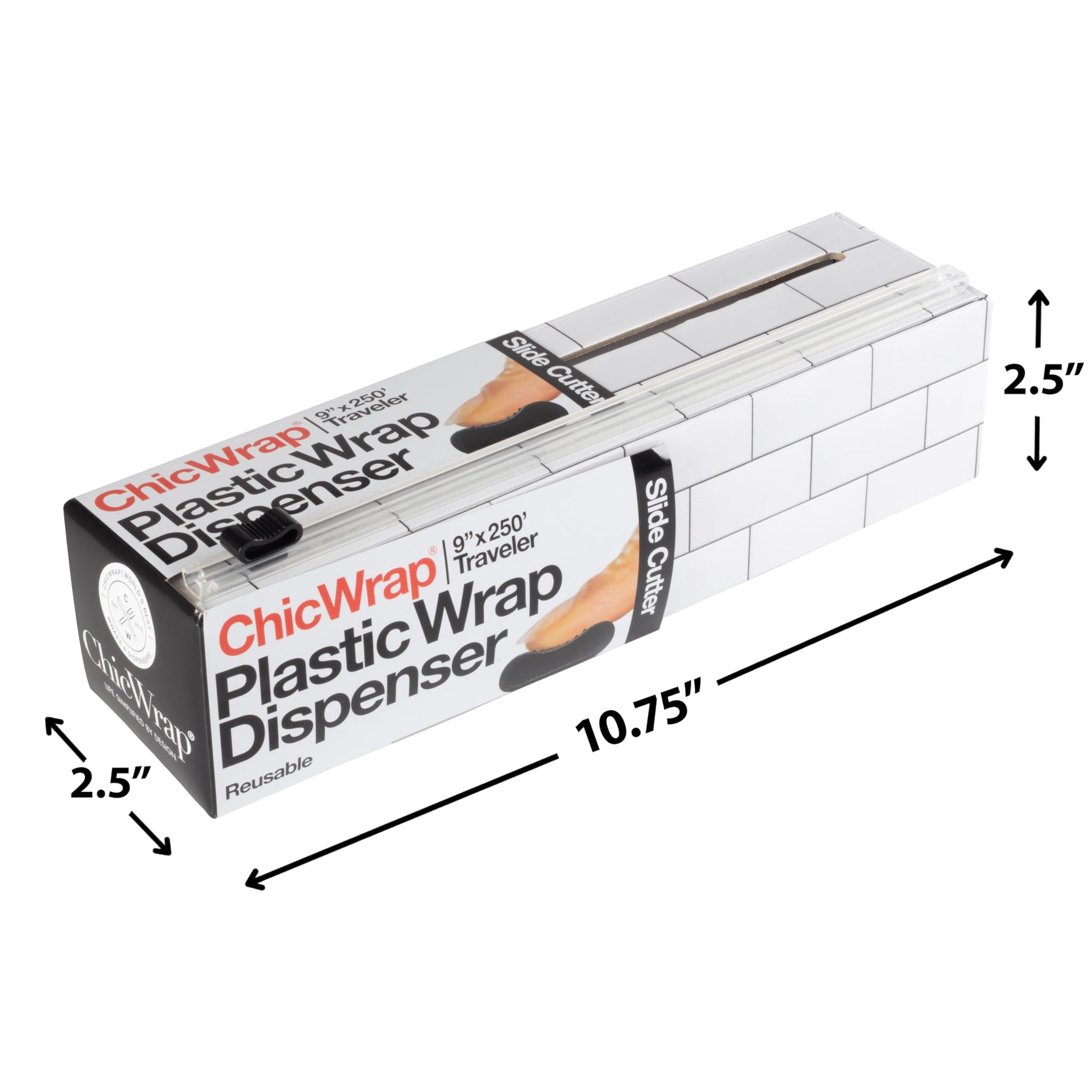 ChicWrap® Subway Tile Refillable 9” Plastic Wrap Dispenser - Includes One 9" x 250' Roll of Professional Grade Plastic Wrap - and Kosher Certified
