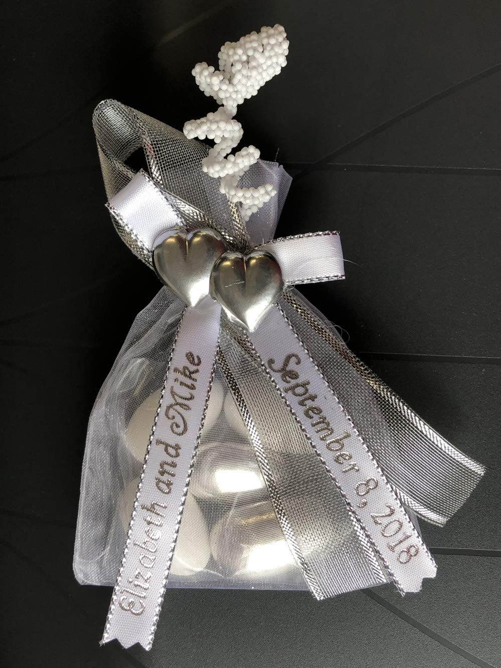 Unique Wedding Favors of Organza Bag with 5 Jordan Almonds, Personalized Ribbons & Double-Heart - Set of 10 Favors (Silver)