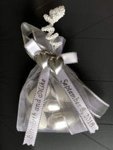 Unique Wedding Favors of Organza Bag with 5 Jordan Almonds, Personalized Ribbons & Double-Heart - Set of 10 Favors (Silver)