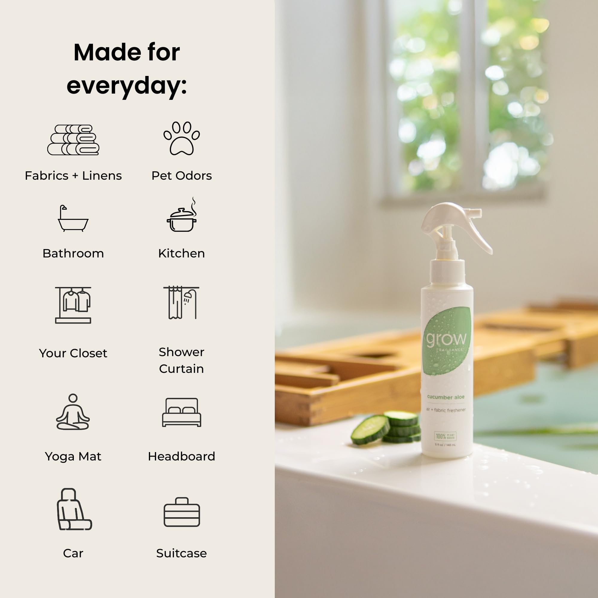 Grow Fragrance Certified Non Toxic, 100% Plant Based Fabric and Room Air Freshener Spray. Made with All Natural Essential Oils (Cucumber Aloe 2 Pack)