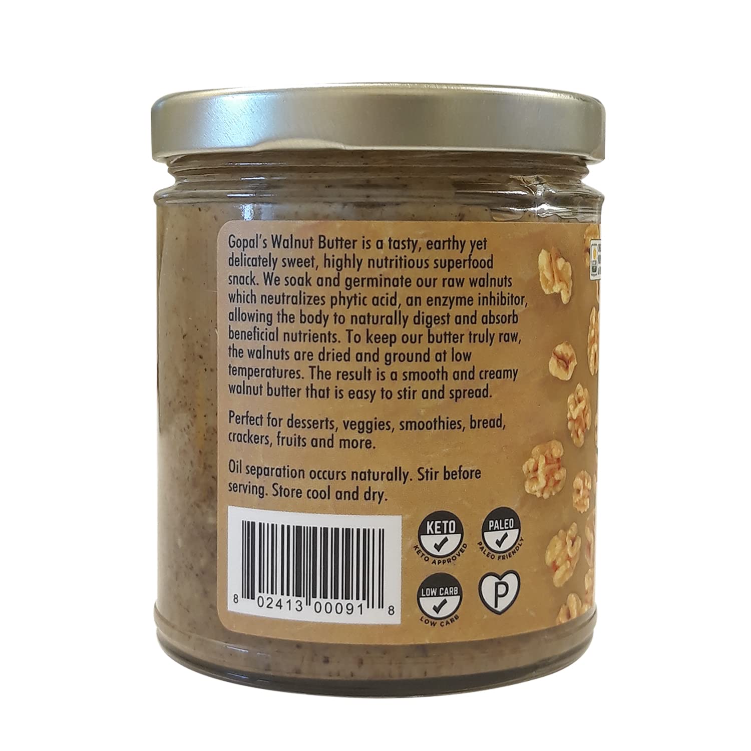 Gopal’s Sprouted Organic Raw Walnut Butter, 100% Gluten-Free (Unsalted) 8 Ounces | Keto, and Paleo-Friendly